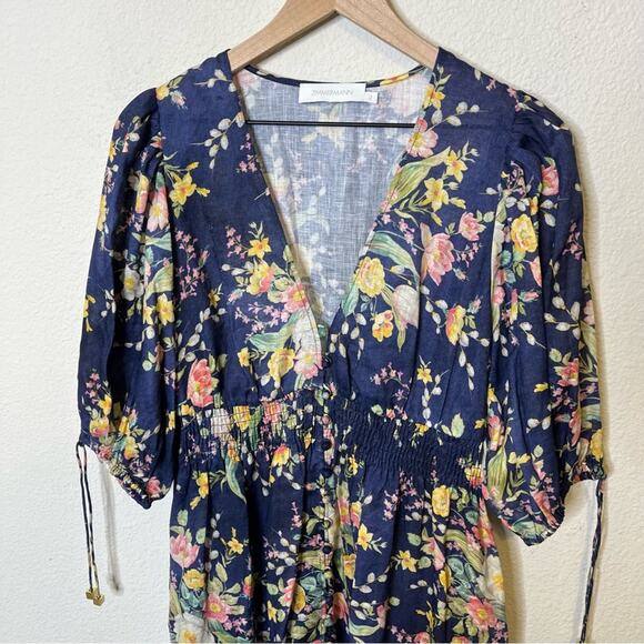 Zimmermann Zinnia Shirred Waist Floral Linen Dress Cobalt Blue Womens 2 / US M - Picture 8 of 14